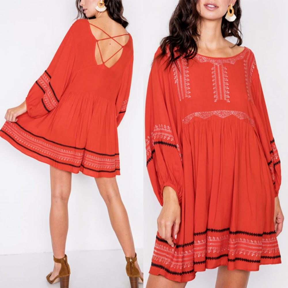 Embroidered Oversize Batwing Sleeves Peasant Dress